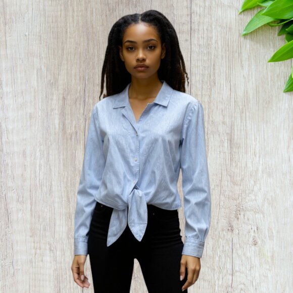 VINTAGE JOSEPHINE CHAUS -- Chambray Shirt, Front-Tie, Long Sleeve, Button Down - Picture 1 of 16